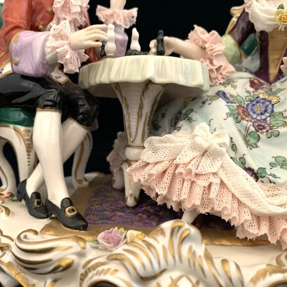 Dresden Volkstedt Porcelain Lace Couple Playing Chess 10" Wide Antique Victorian - Picture 6 of 16